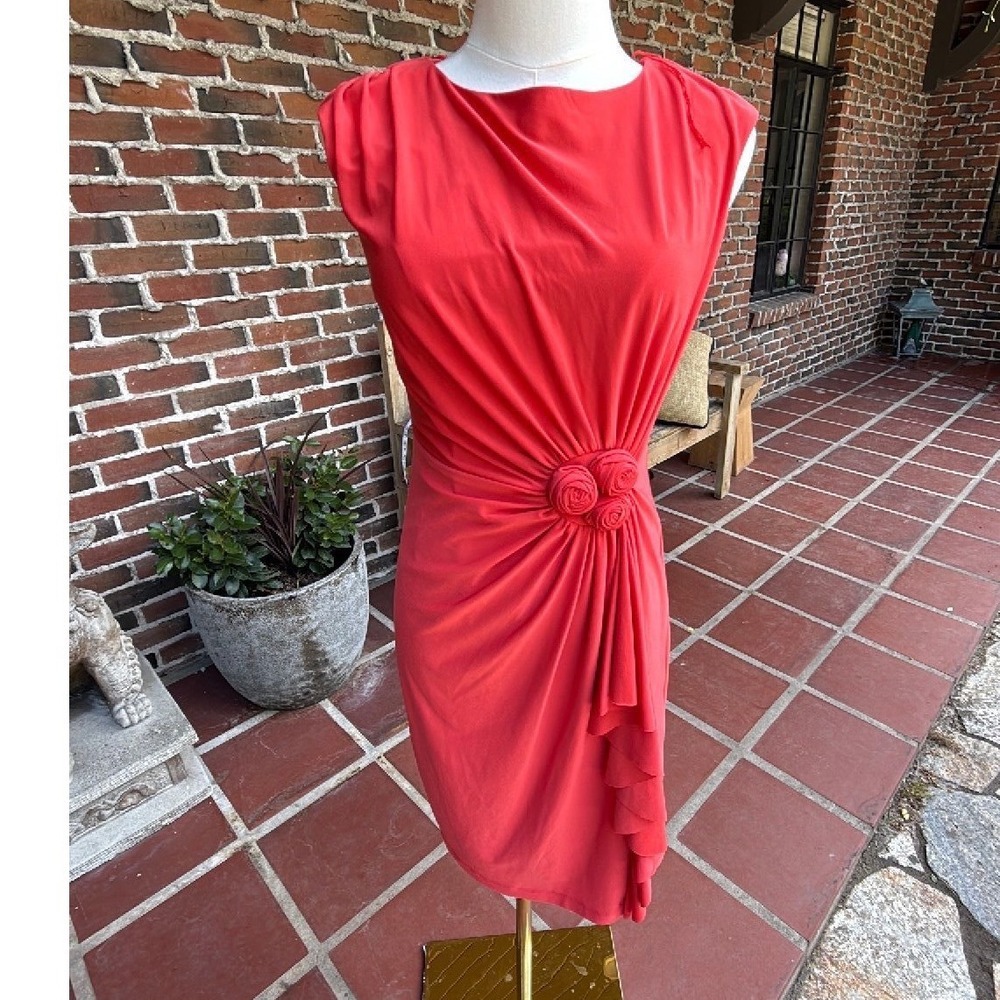 Ronni Nicole Coral Red Rosette Gathered Waist Sleeveless Sheath Dress Size 6